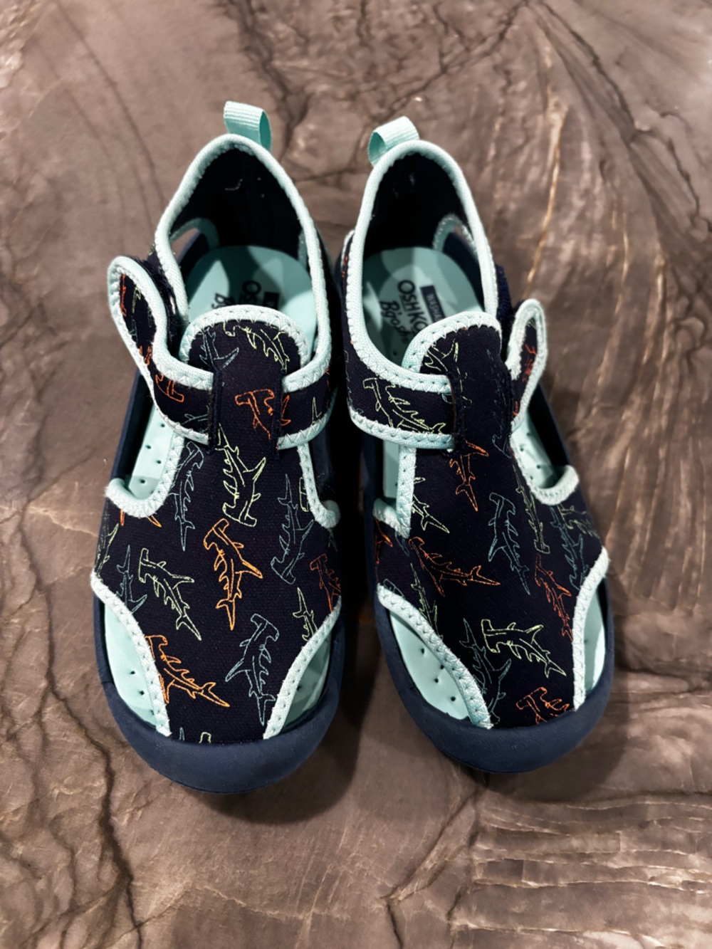 OshKosh B'gosh Navy Shark Print Water Shoes with Light Teal Trim